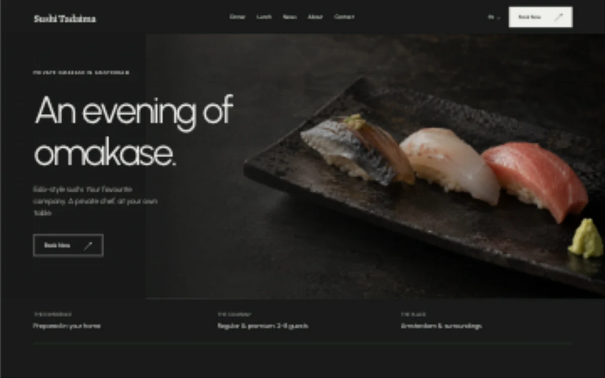 After Dark: restrained light typography on charcoal, with a close-up photograph of nigiri.