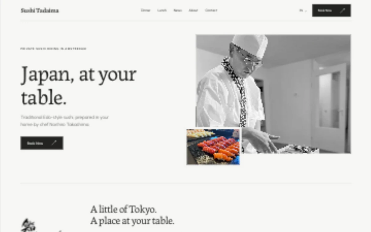 The Editorial: a serif headline beside a black and white photograph of the chef.
