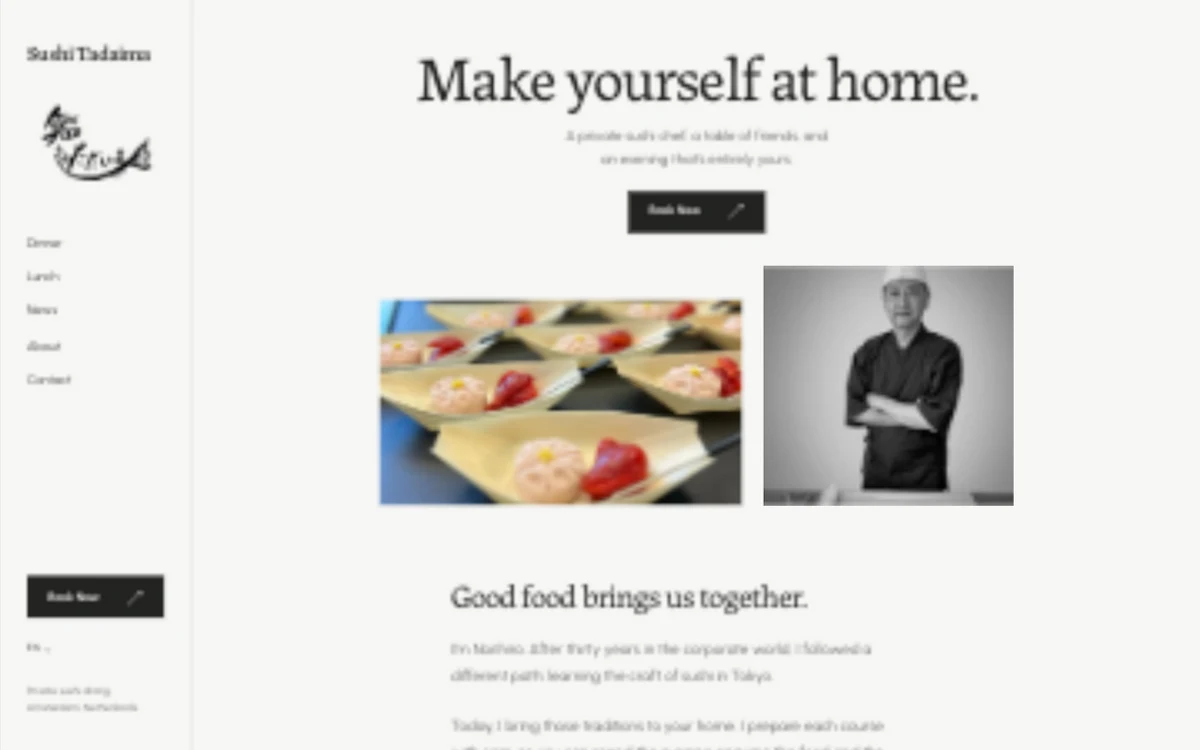 The Invitation: a quiet side navigation and centred welcome, with photographs of dinner and the chef.