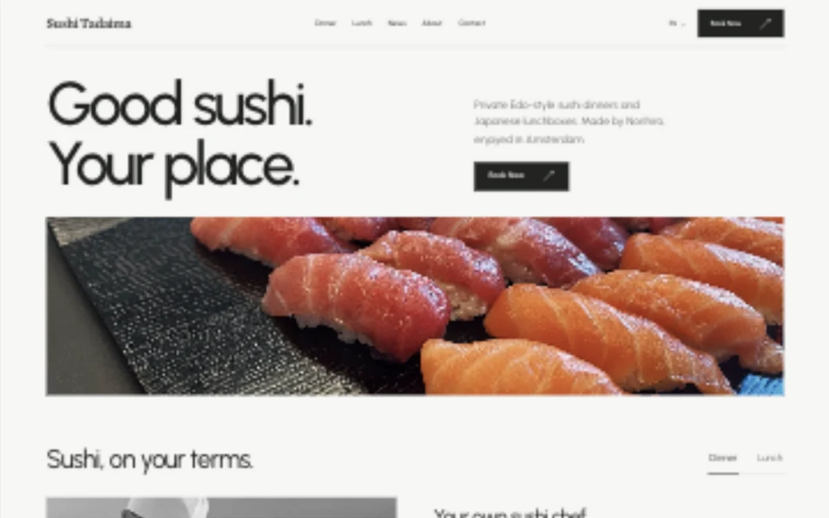 The Modern: large sans-serif typography and a wide photograph of fresh sushi.
